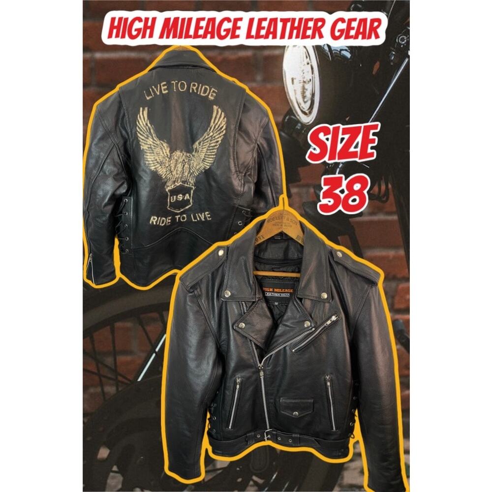 High Mileage Biker Jacket Eagle Embossed Live to Ride Classic Black Leather 38